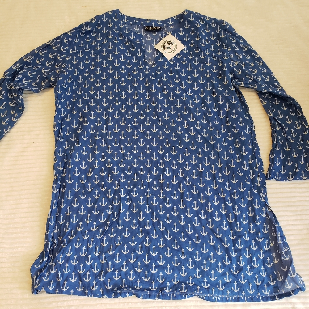 SOLD KikiSol Blue/ White Anchor Print Women's Top/ Coverup XL - Picture 1 of 8